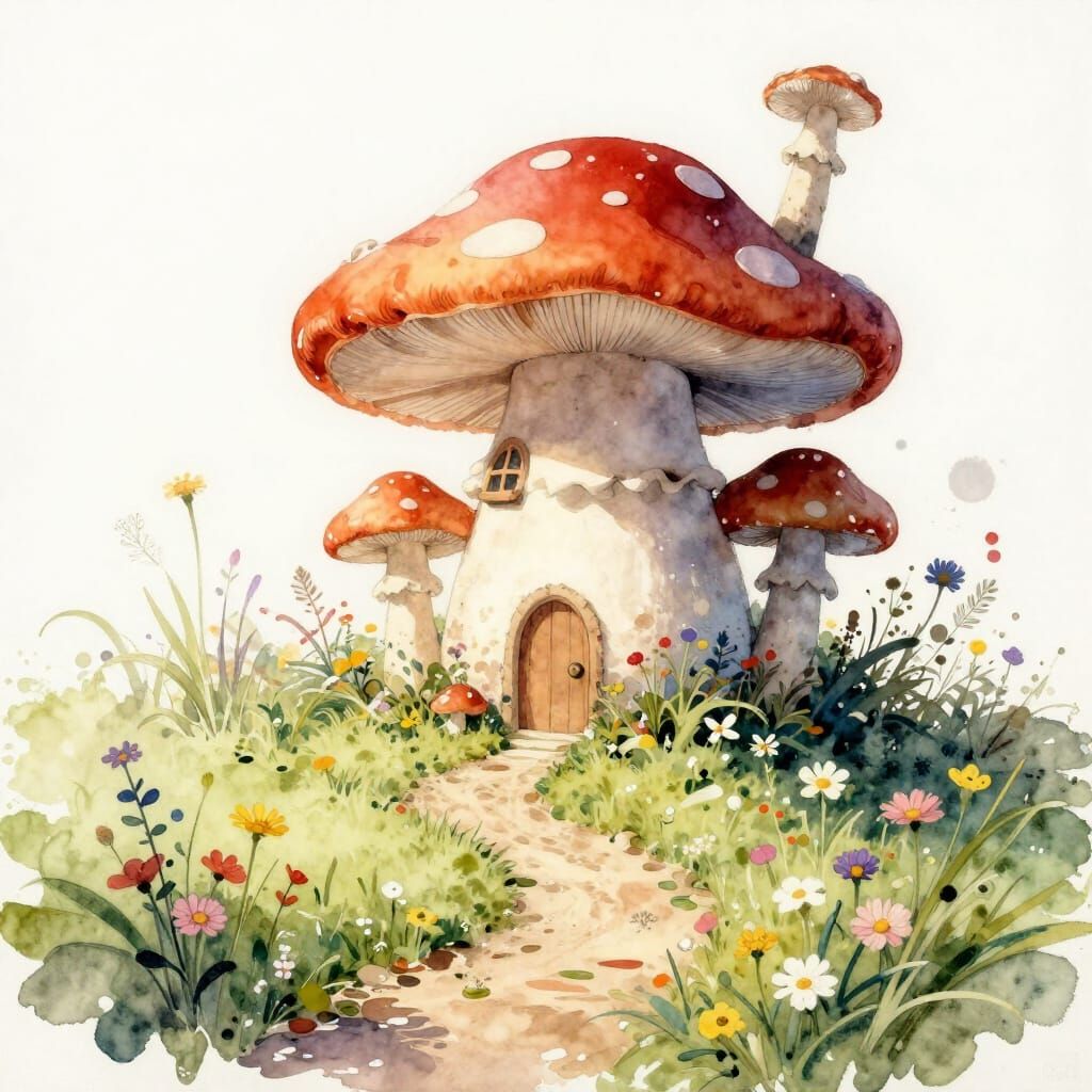 Fairytale Mushroom House on Wildflower Path in Watercolour S...
