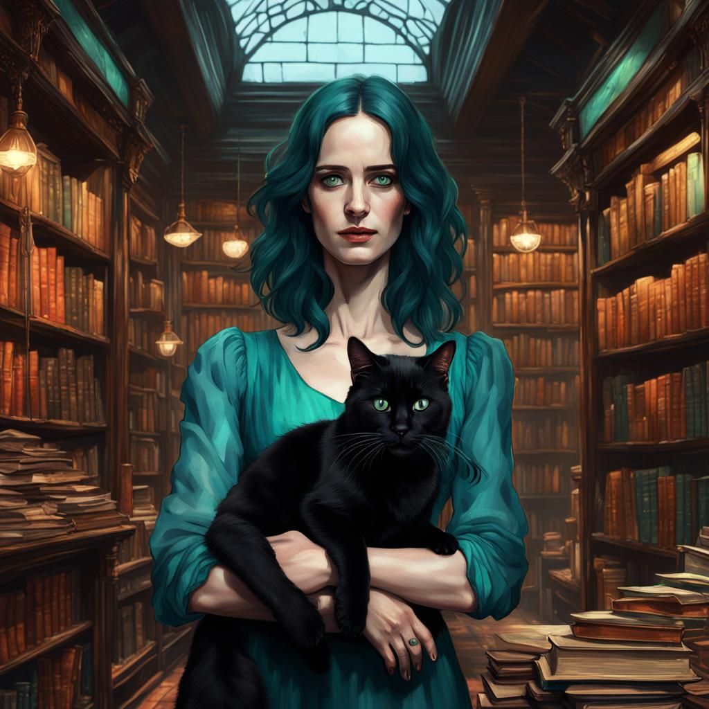 Eva Green and Black Cat in Bookshop