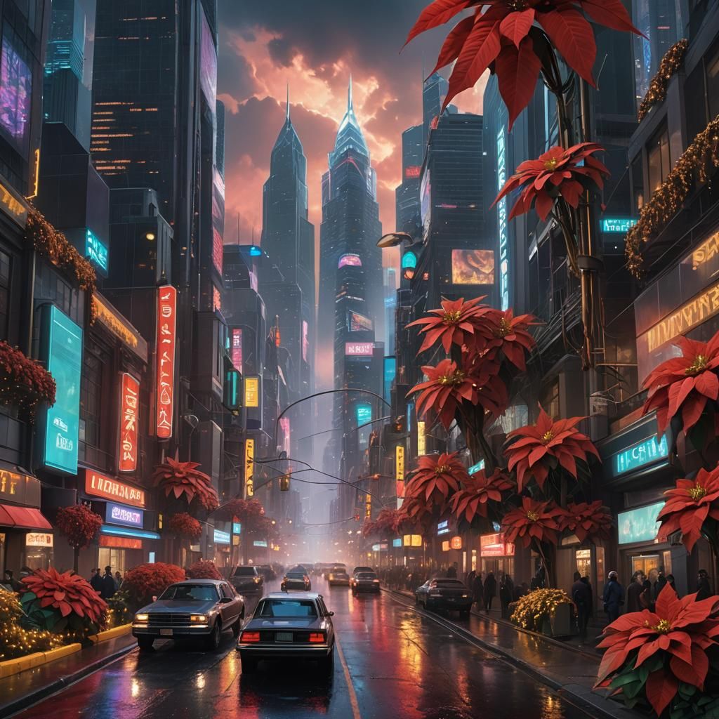Festive Metropolis with Giant Poinsettias in Digital Paintin...