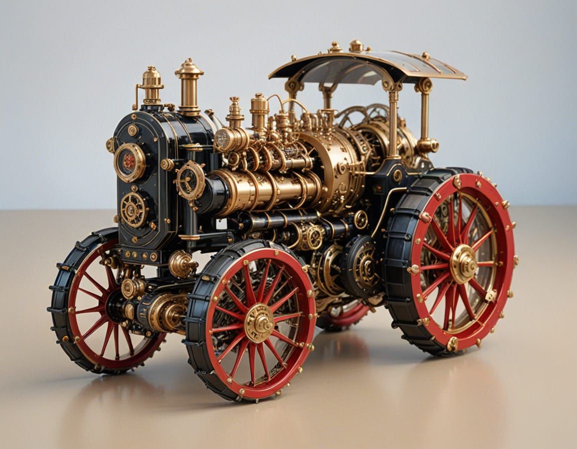 Miniature model of a diesel-punk tractor