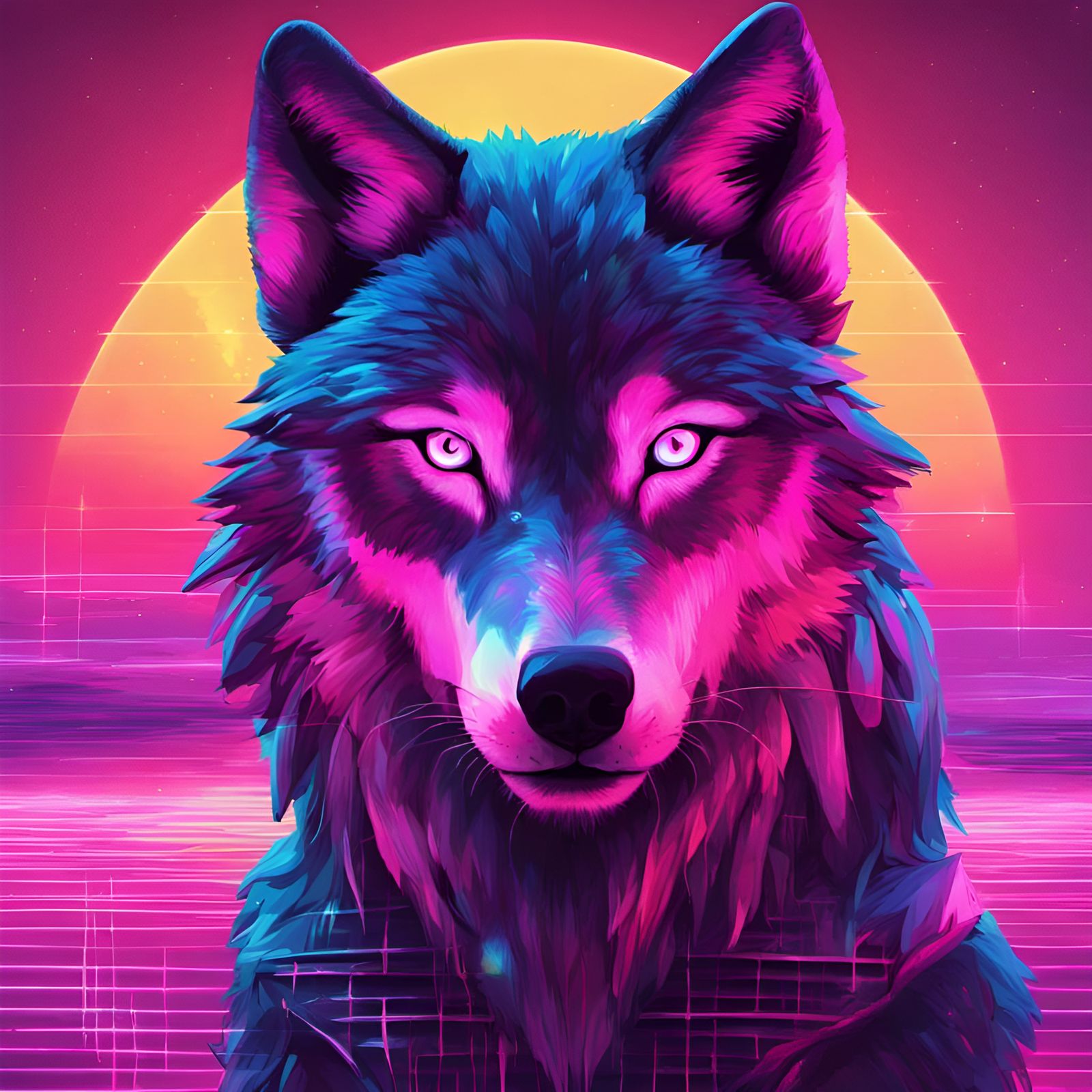 Wolf and Aurora Borealis in Synthwave Style