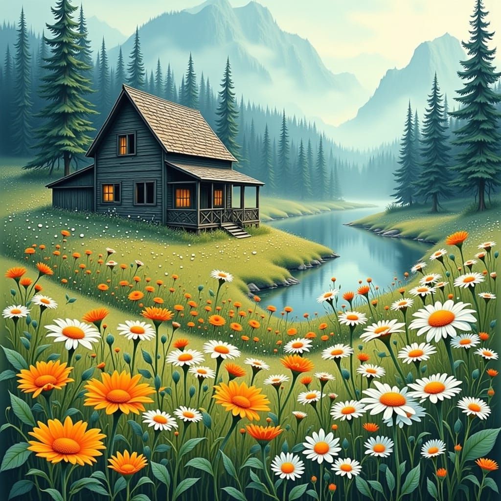 Whimsical Watercolor Fantasy: Rustic Cabin Amidst Wildflower...
