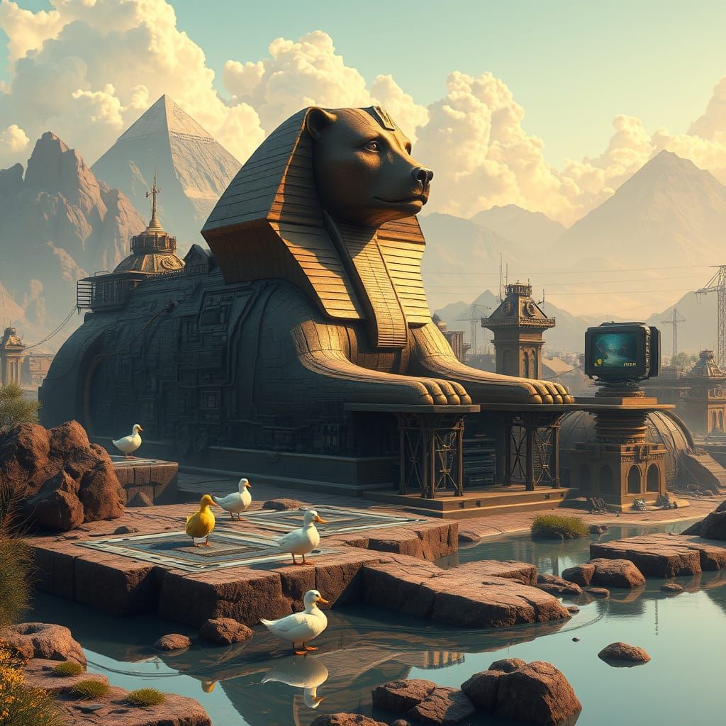 Bear Sphinx in Surreal Computer Landscape