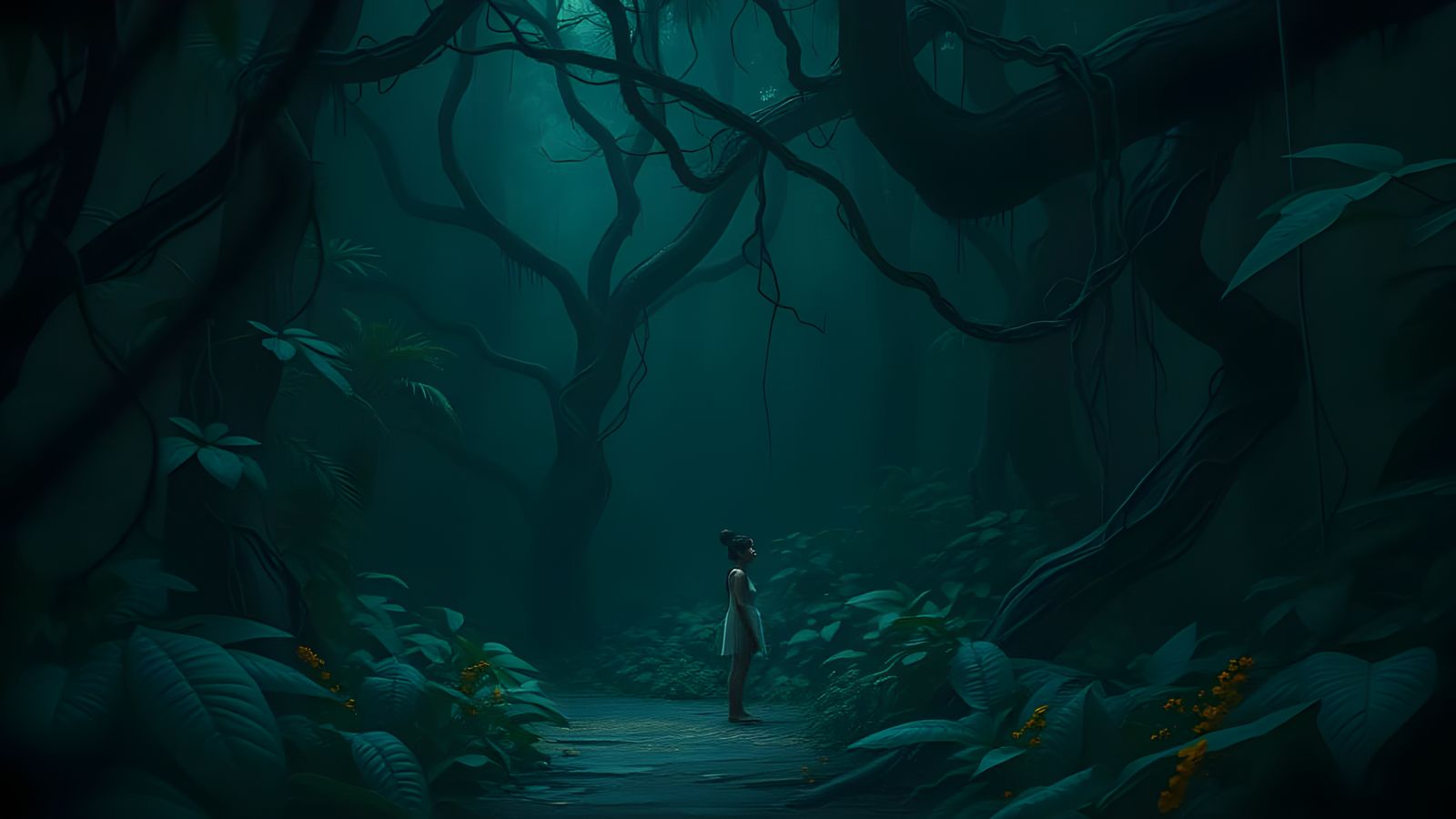 Dark Jungle Scene with Twisted Trees