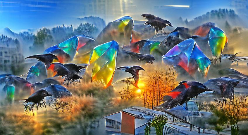 Crystal Crows Soar in Colorful Morning Light