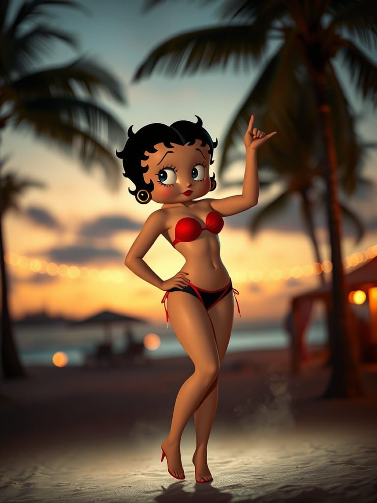 Betty Boop Dances Under Twinkling Beach Torches in a Vibrant...