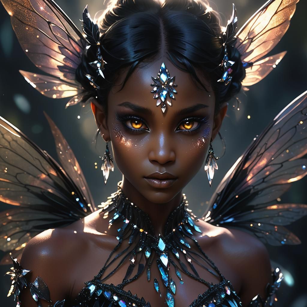Fierce Black Fairy with Crystal Dress in Dark Fantasy