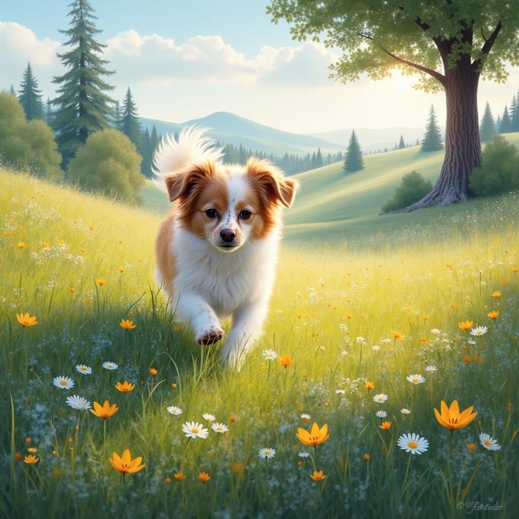 Dog in Fantasy Meadow with Glowing Wildflowers