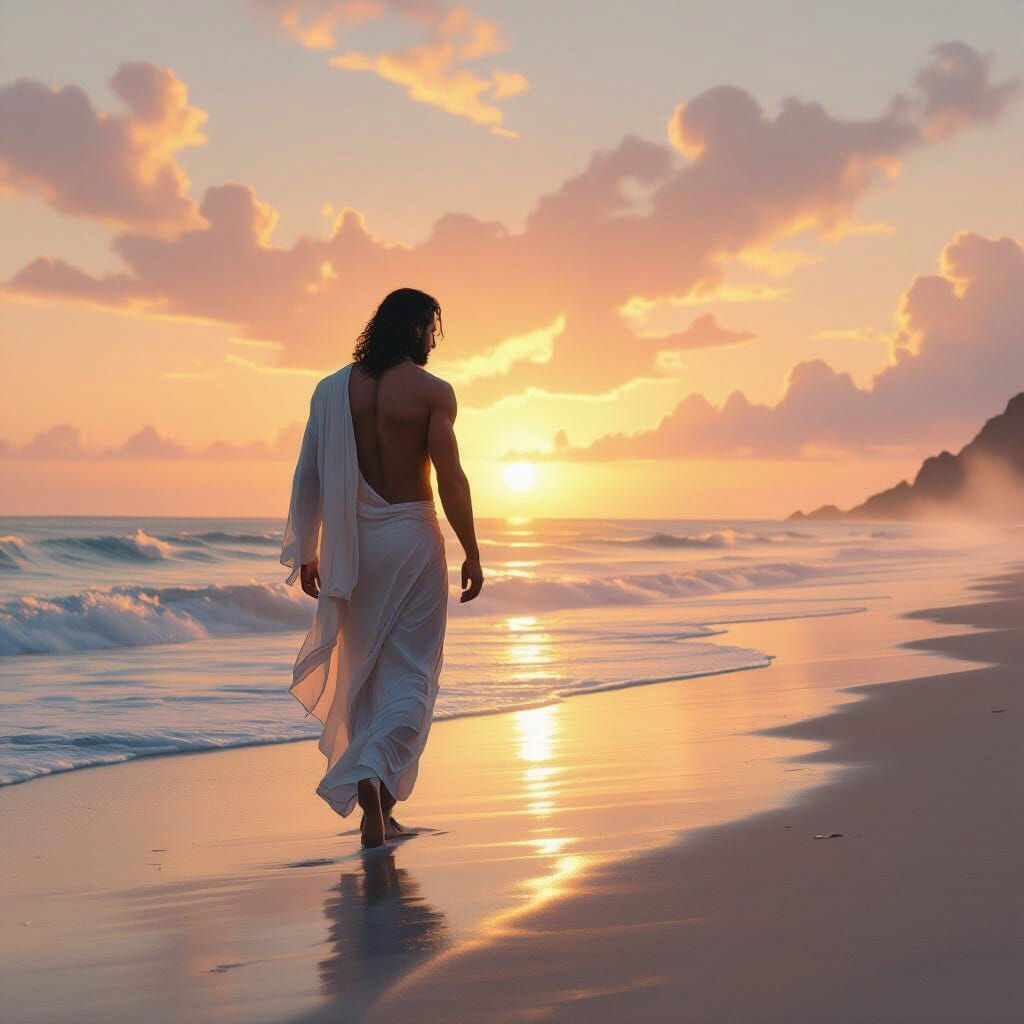 Ethereal Man on Sunrise Beach in Digital Painting Style