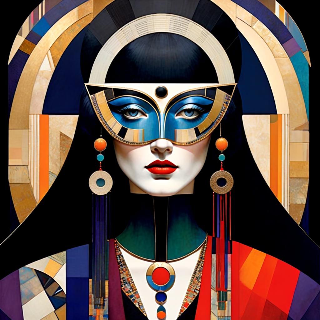 Masked Flapper Girl Portrait in Surrealist Collage Style