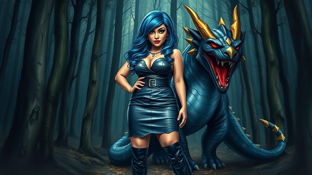 Curvy Arabic Woman Triumphs with Fierce Pokemon in Dark Fore...