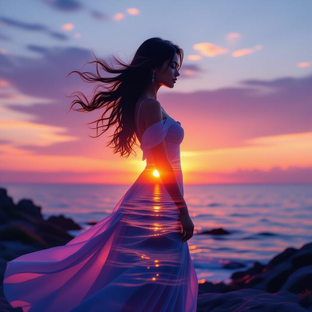 Goddess Silhouette Merges with Iridescent Sunset Coast in 8K