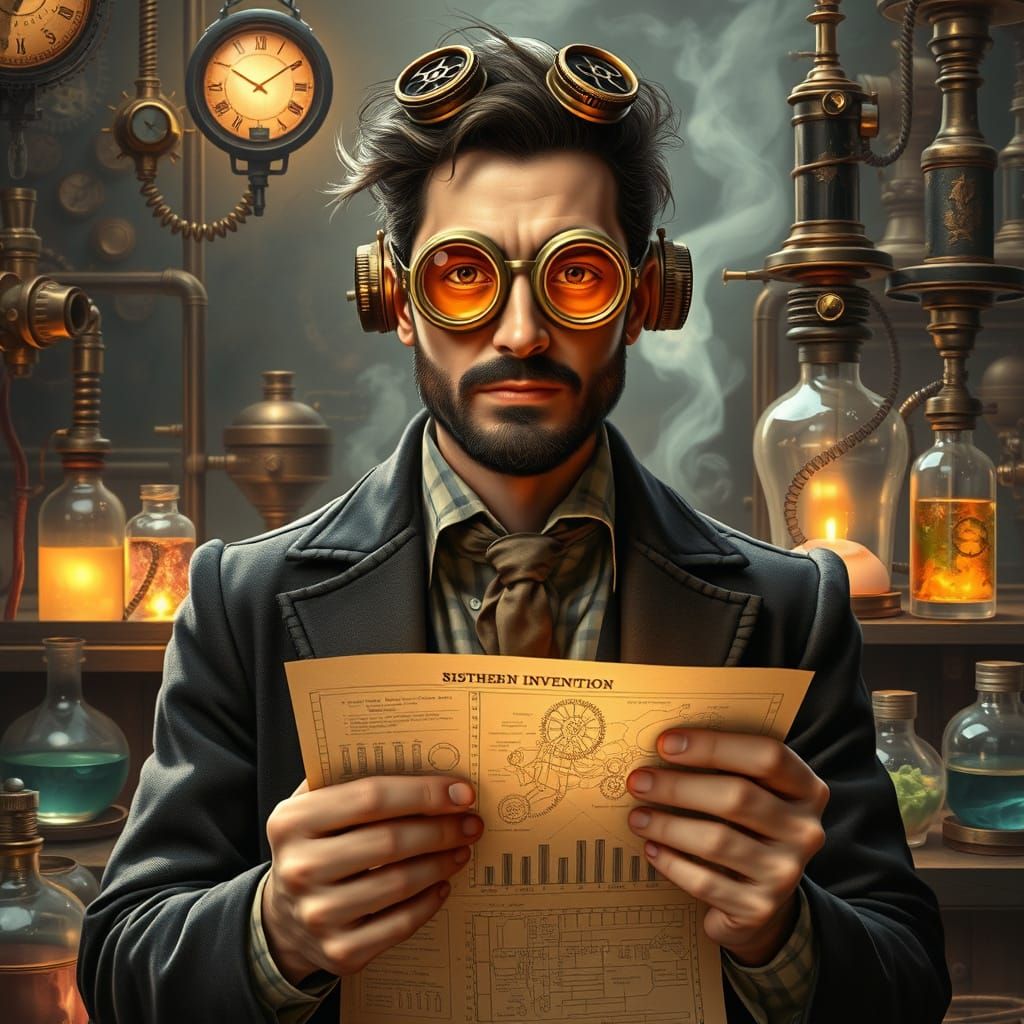 Steampunk Inventor Portrait with Clockwork Gears