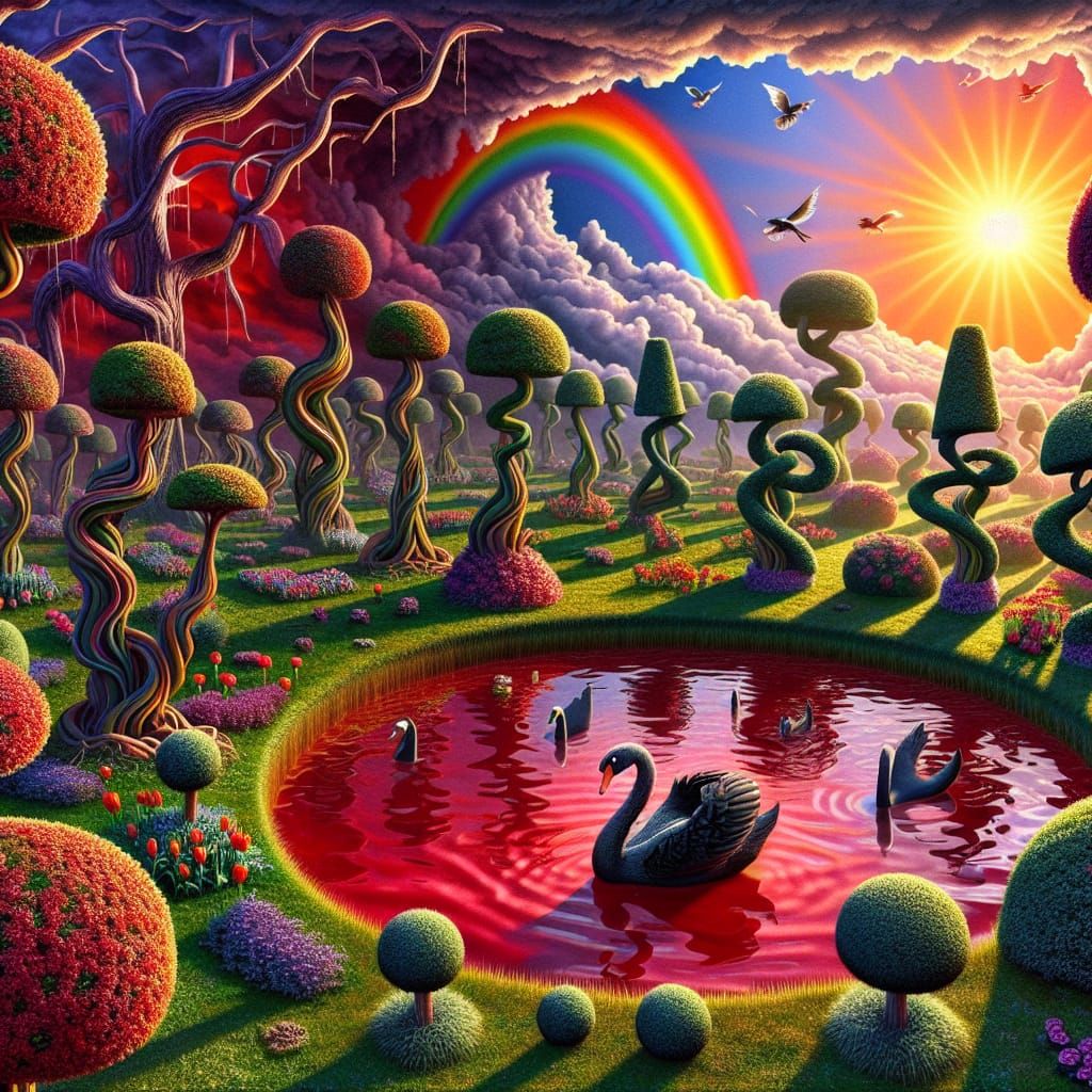 Surreal Garden: Wilting Topiaries and Blooming Flowers