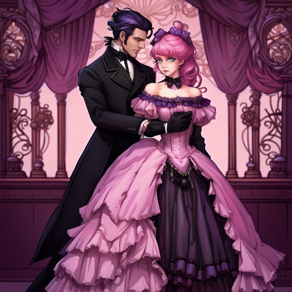 Gothic Ballroom Scene with Pink-Haired Woman