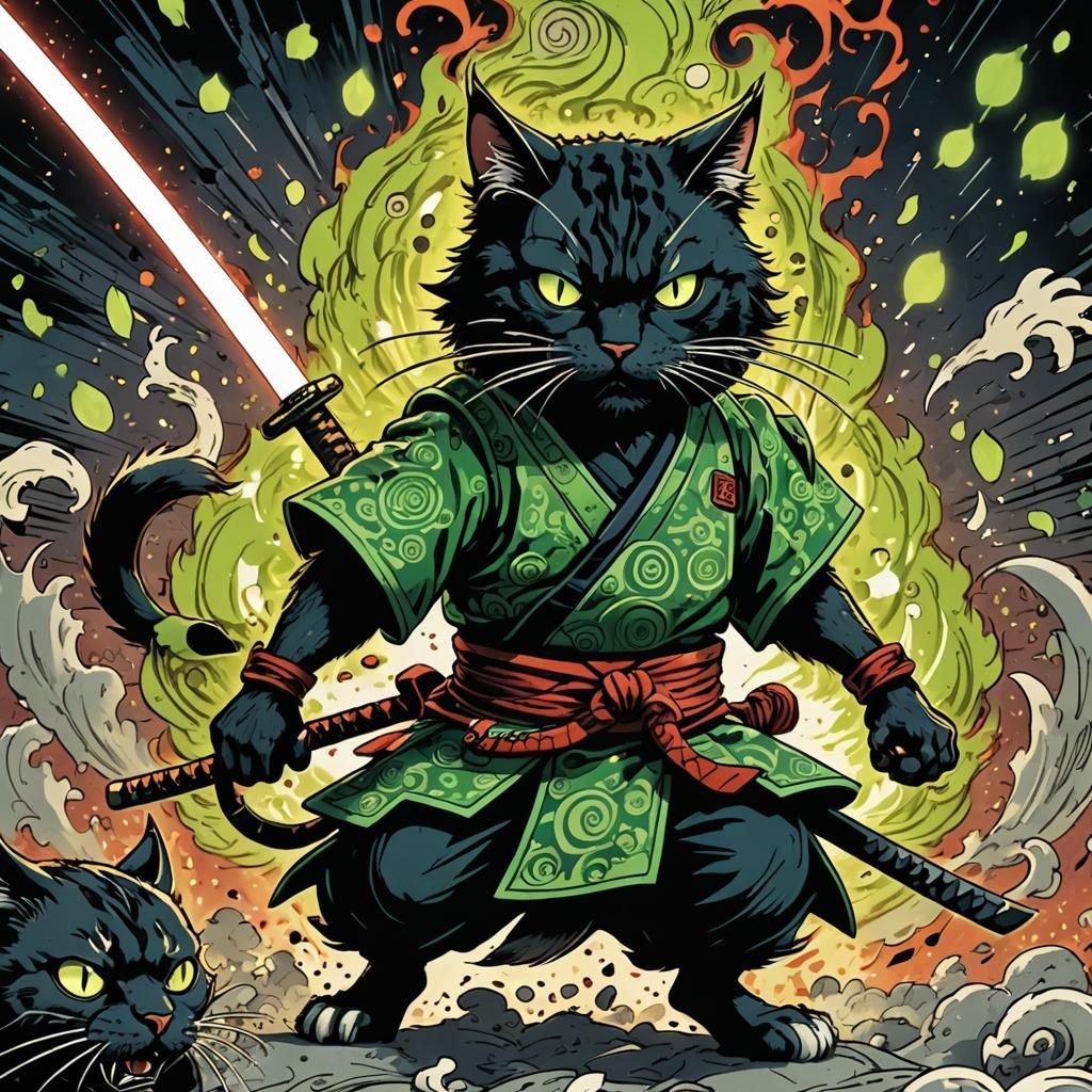 Samurai Cat in Manga Comic Book Art