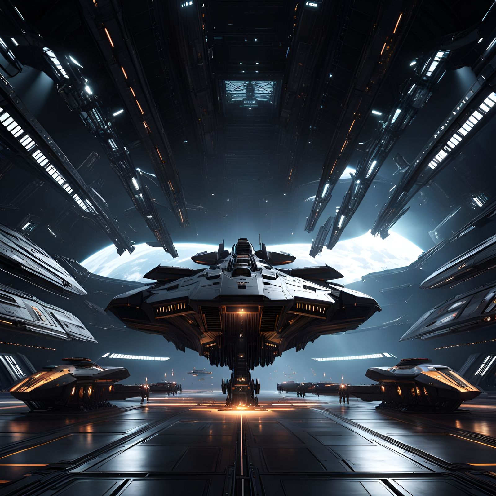 Futuristic Spaceship Hangar in Maximalist Style