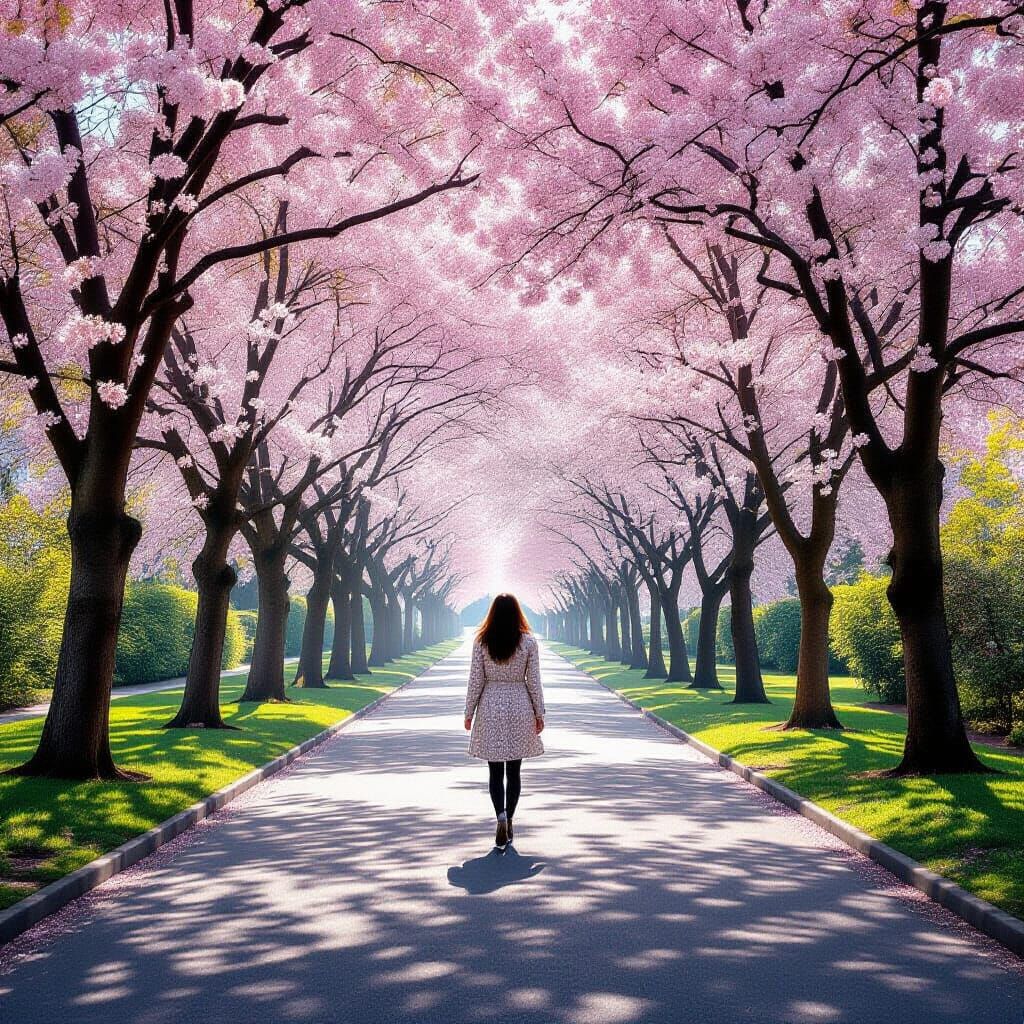 Woman Walking Through Sunlit Blossom Corridor