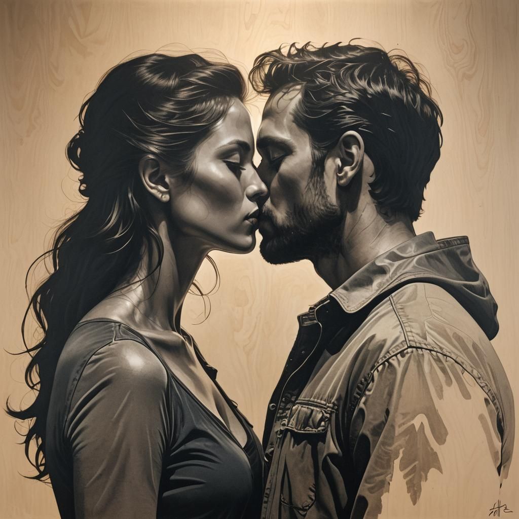 Passionate Kiss: Hyperrealistic Silhouette in Dynamic Lighti...