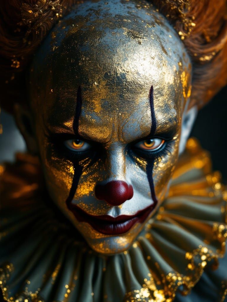 Melancholic Clown with Gilded Face in Baroque Style