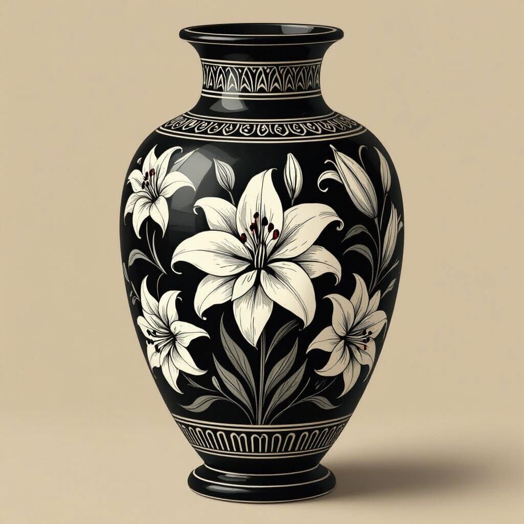 Greek Style Black Vase with Lily Outline Design