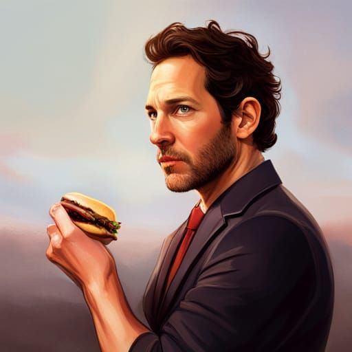 Paul Rudd eating a cheeseburger