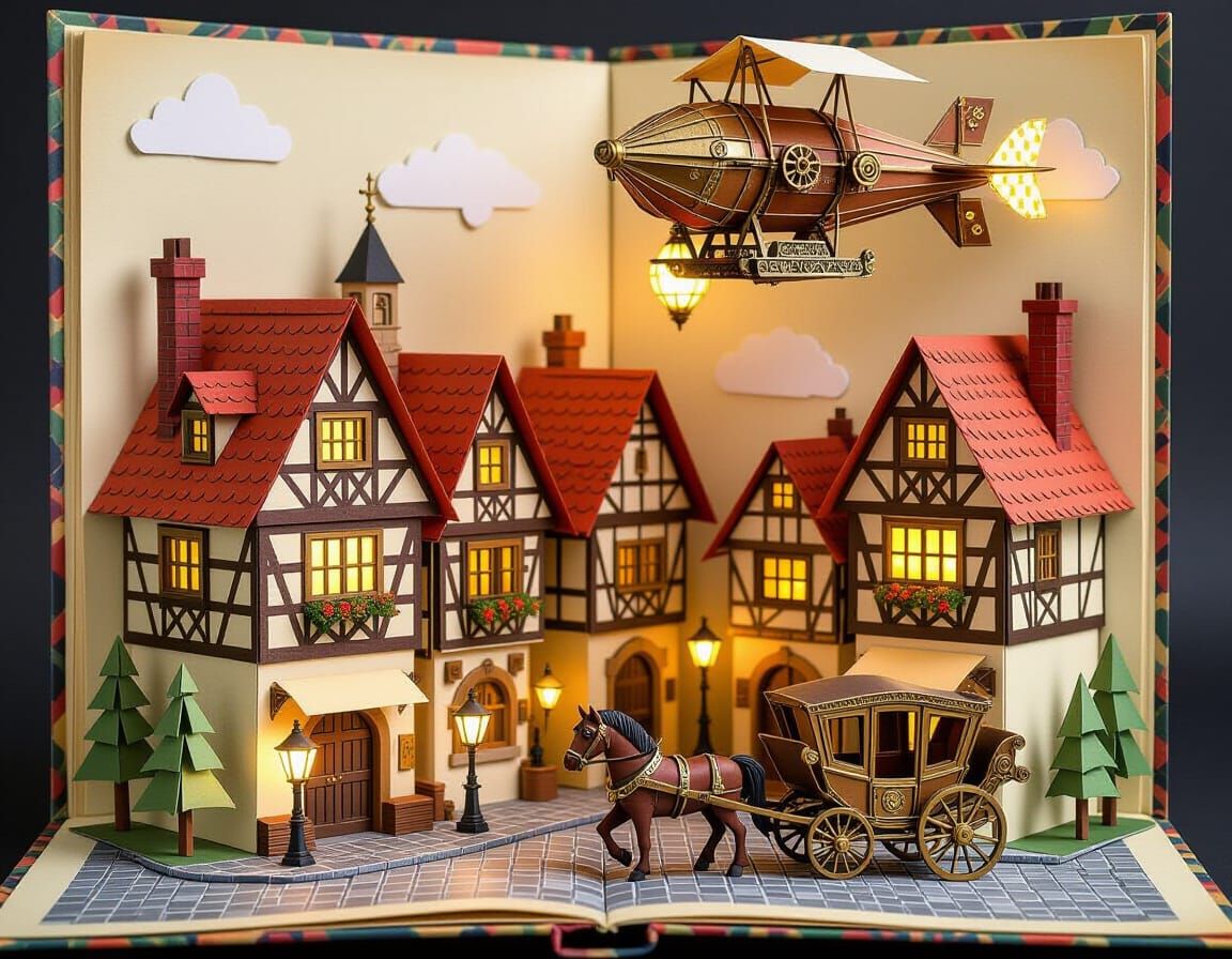 Steampunk Origami Cityscape Unfolds from Antique Pop-Up Book