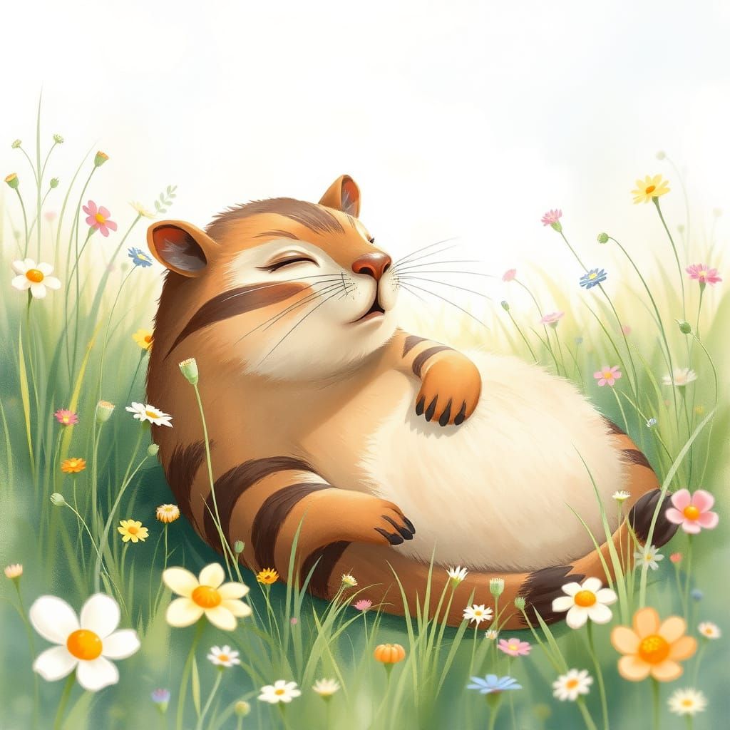 Capybara-Cat Lounging in Wildflower Meadow, Watercolor Style