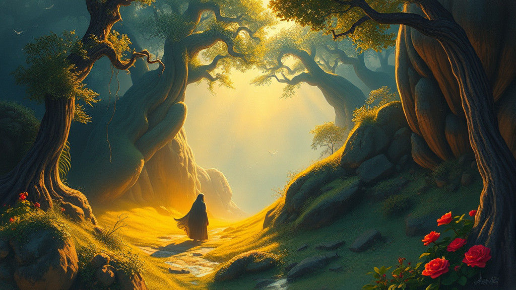 Dreamlike Figure Emerges from Dinotopia Landscape