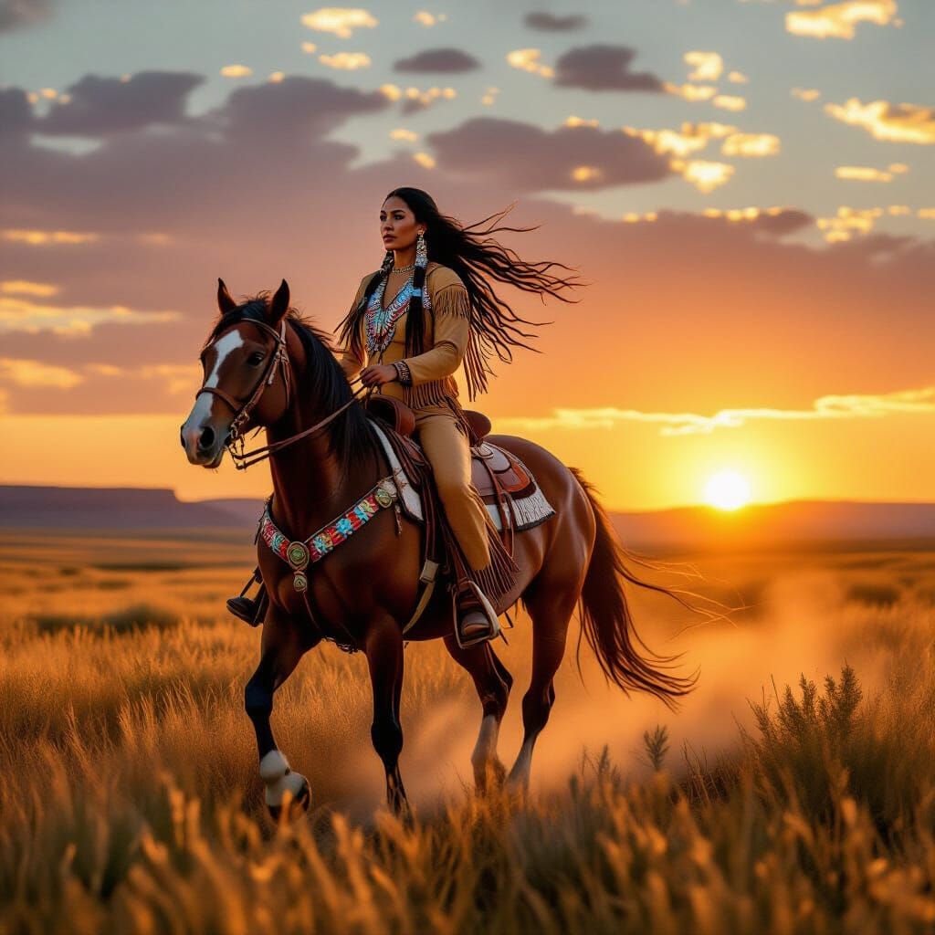 Native American Woman Rides Horse at Sunset