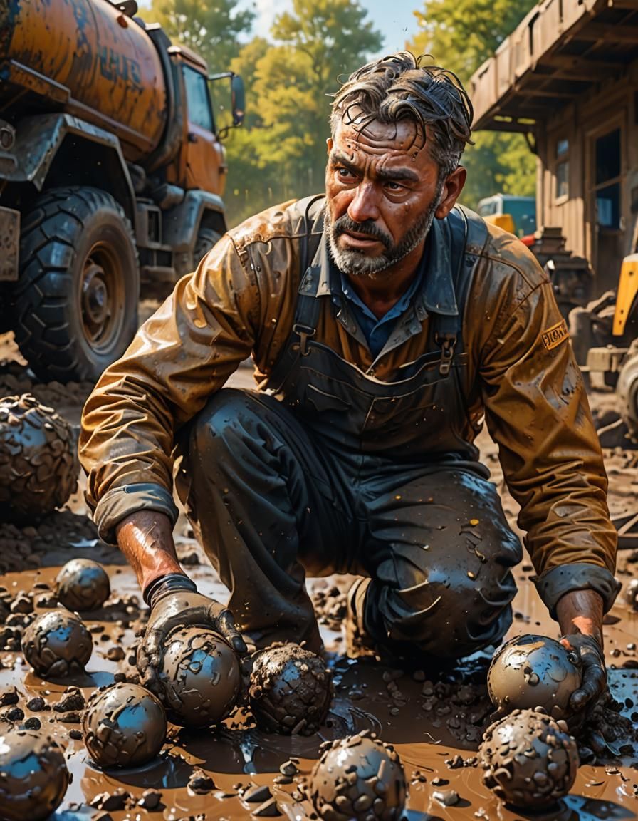 Unhappy Worker Shining Mud Into Balls in 8k