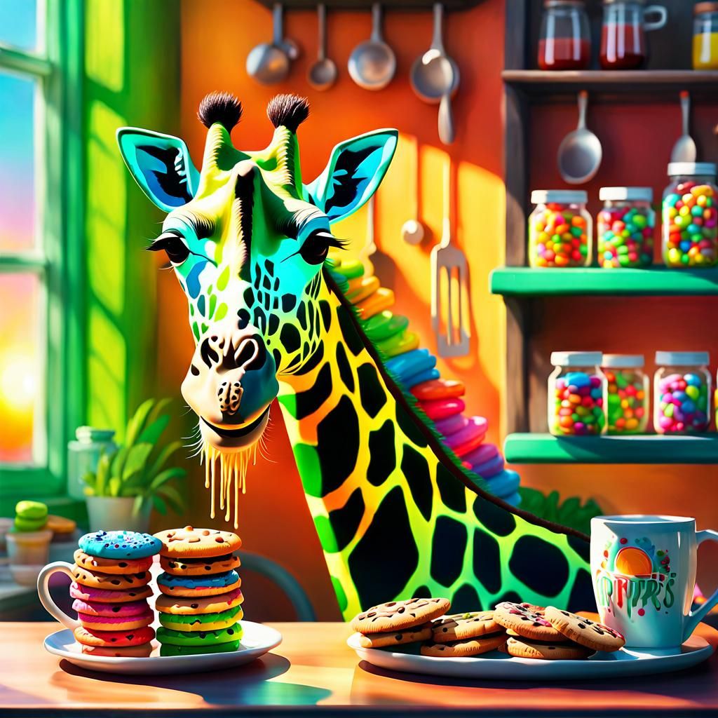 Whimsical Giraffe Enjoys Sunrise Cookies: Digital Art