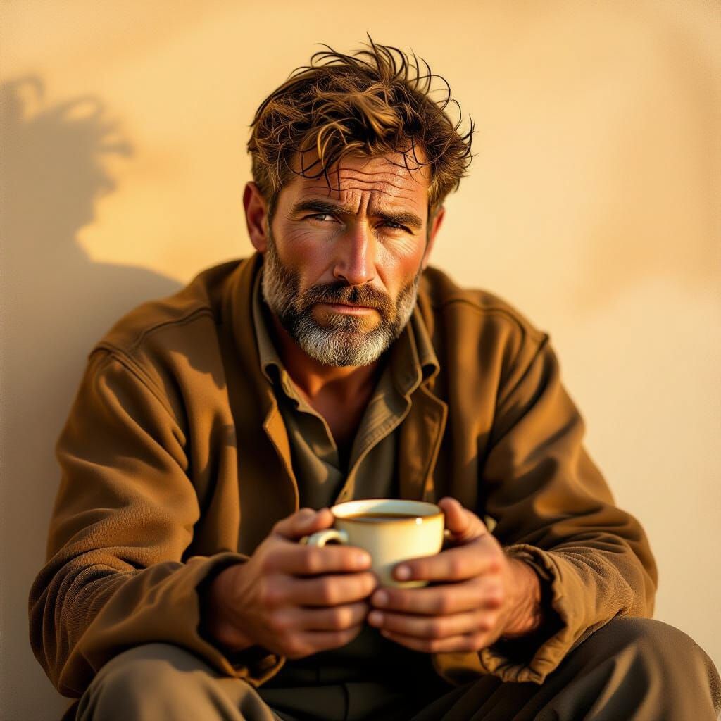 Determined Man in Morning Light with Coffee