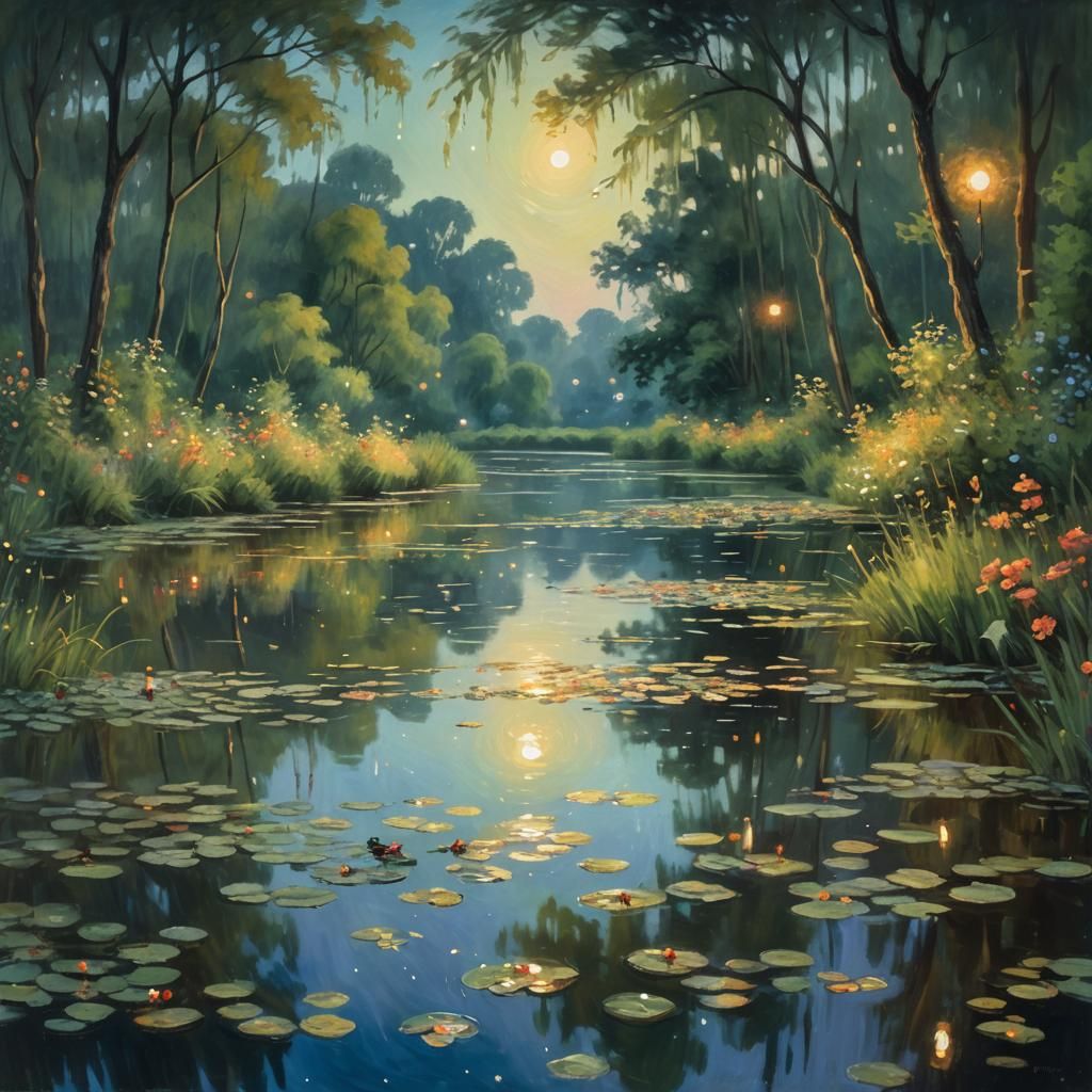 Impressionistic Lake Reflecting Lush Landscape at Sunset