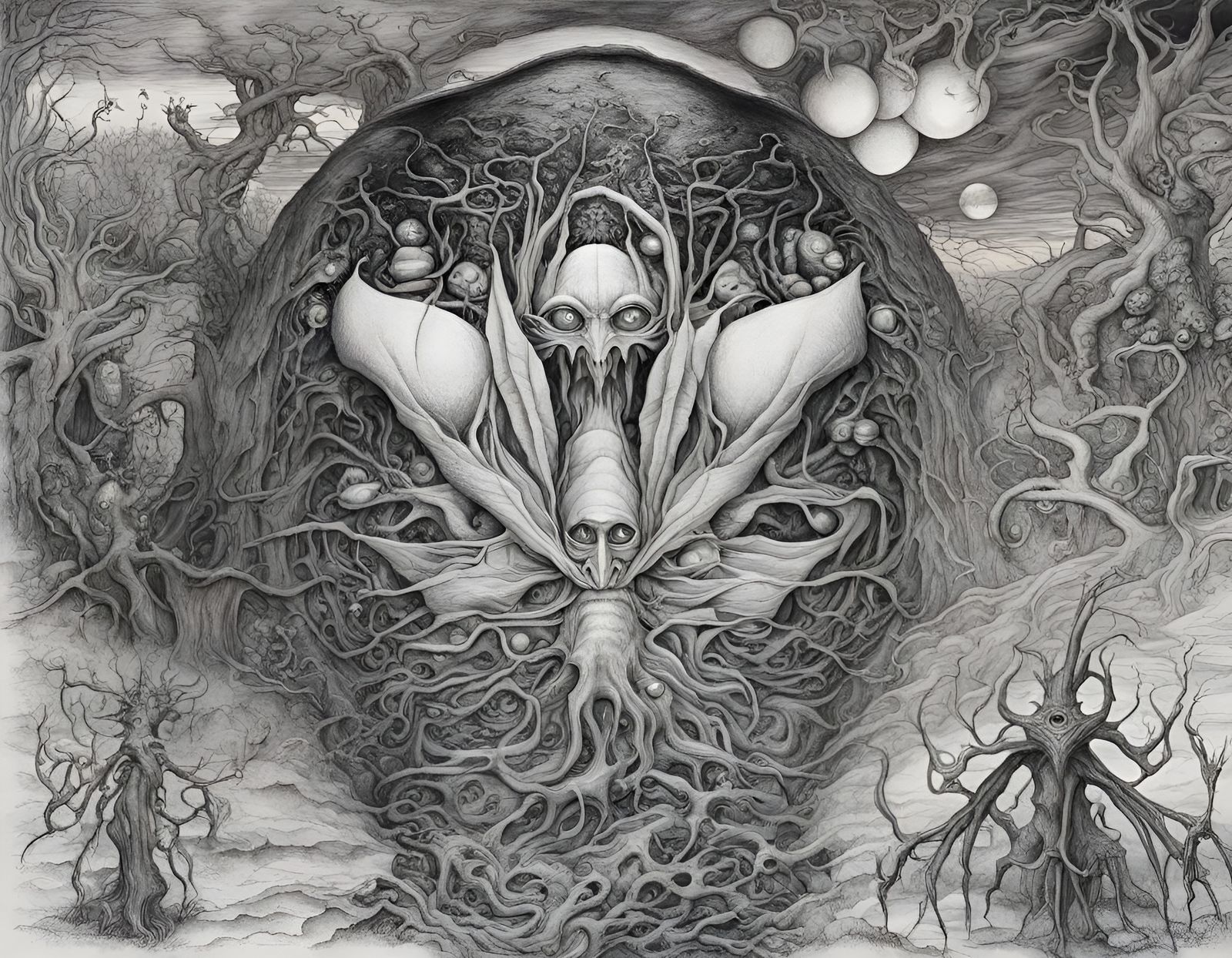 Surreal Insectoid Landscape in Pen and Ink