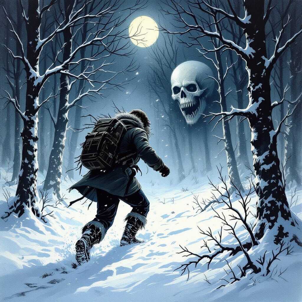 Man's Terrifying Night in Snowy Woods, Etched Style