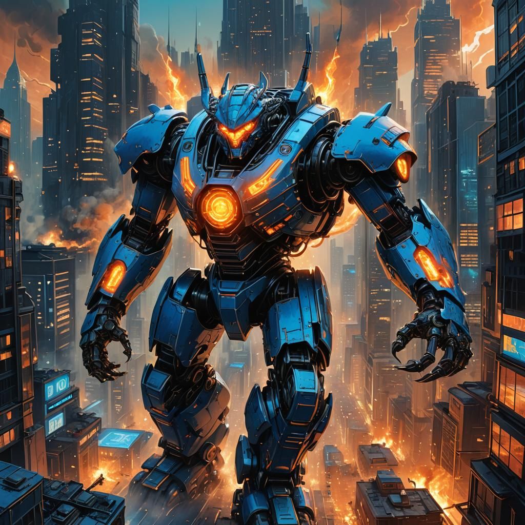 Robot Kaiju Rampage in a Futuristic Cityscape