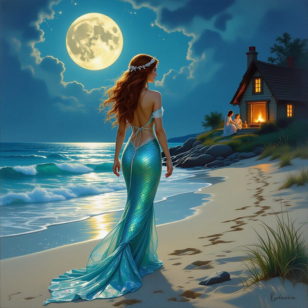 Mermaid's Moonlit Beach Visit: A Romantic Fantasy Painting