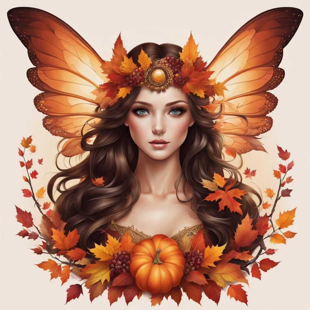 Autumn Fairy with Cornucopia in Gouache Style