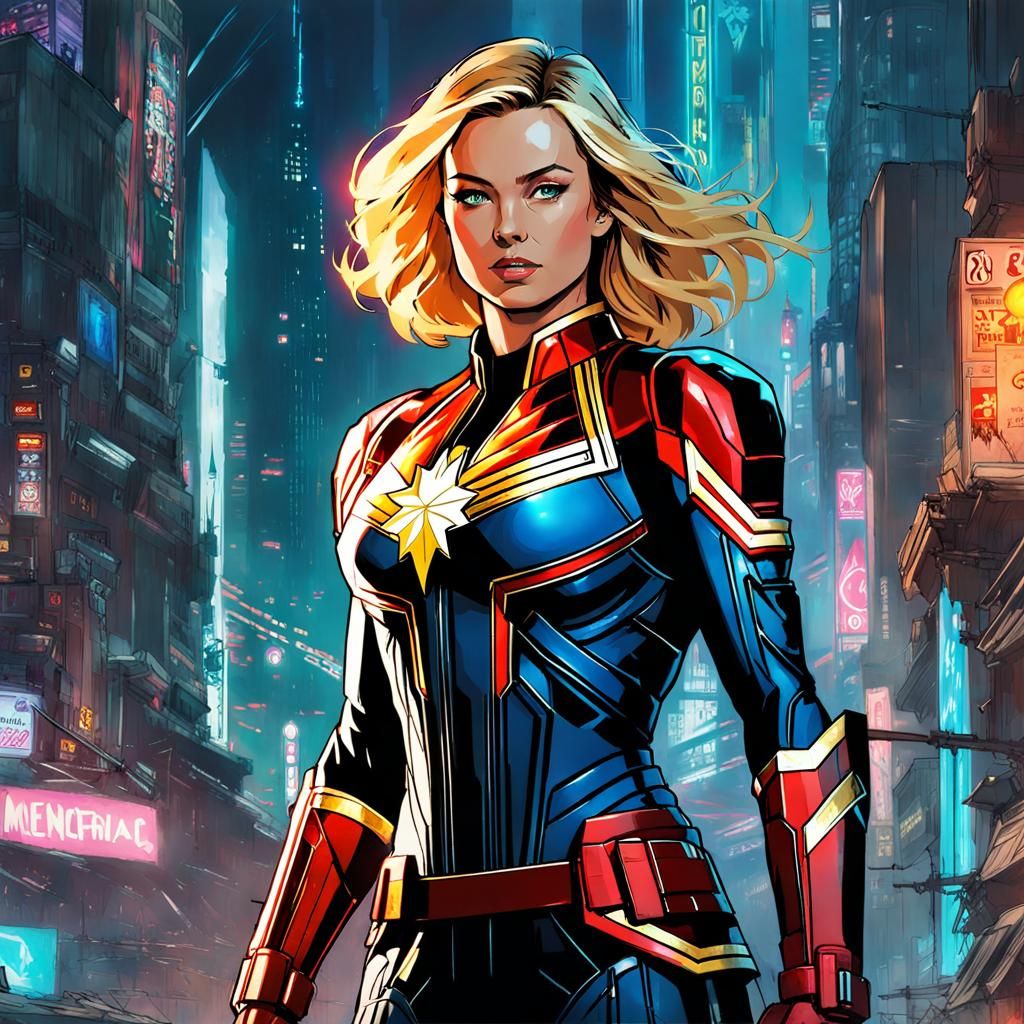 Captain Marvel in Cyberpunk Robotic Armor