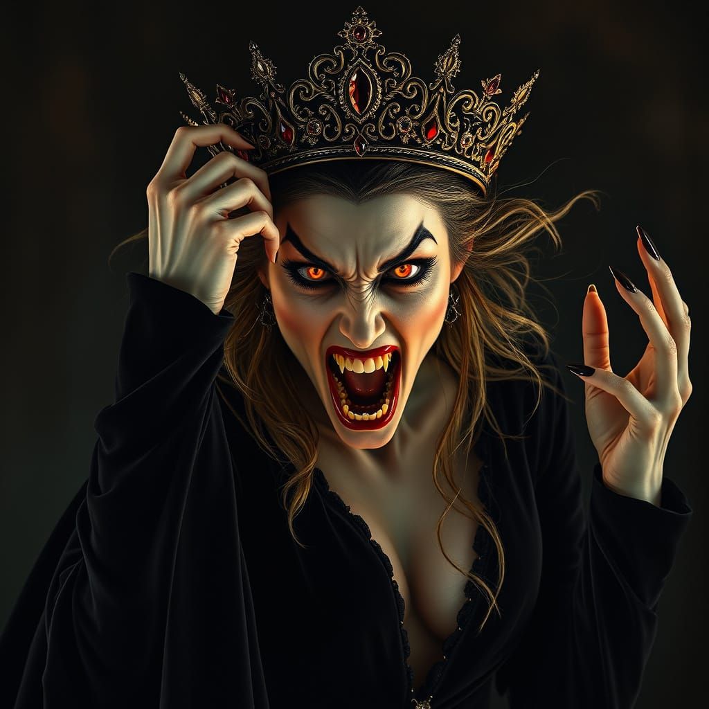 Mystical Vampire Queen in Fierce Rage, Haunting Dark Backgro...