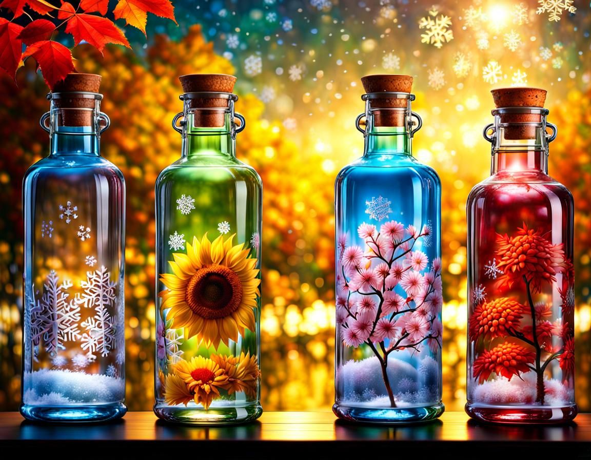 Four Seasons in Glass Bottles: A Photorealistic Rendering