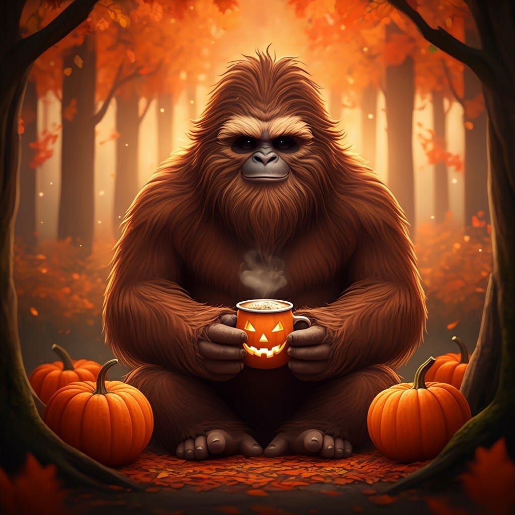 Sasquatch Enjoying Pumpkin Spice Latte in Autumn Forest