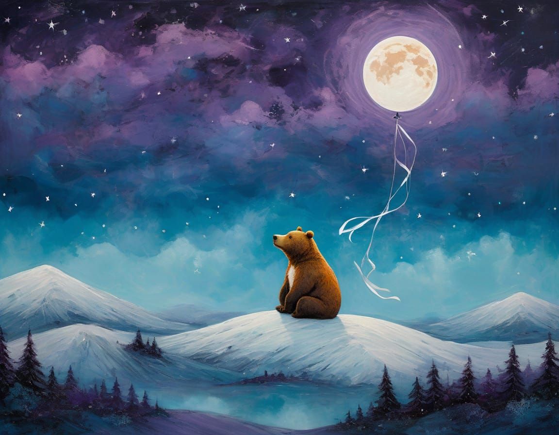 Whimsical Bear soars through Dreamy Night Sky