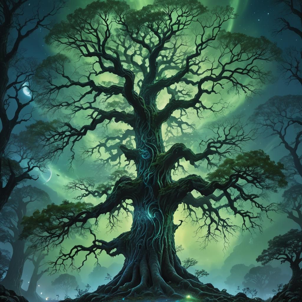 Mystical Moonlit Tree in Art Nouveau Style