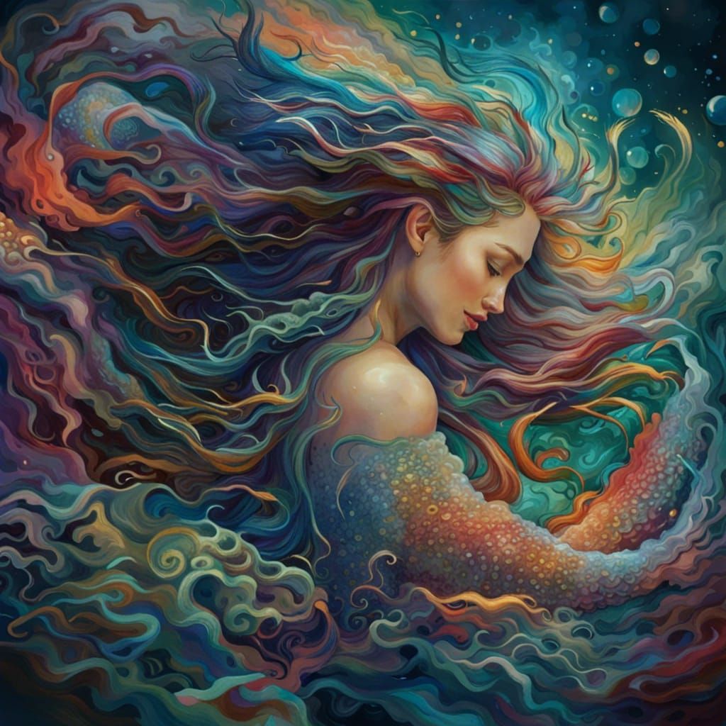 Colorful Mermaid in Flowing Ink, Detailed Gouache Painting