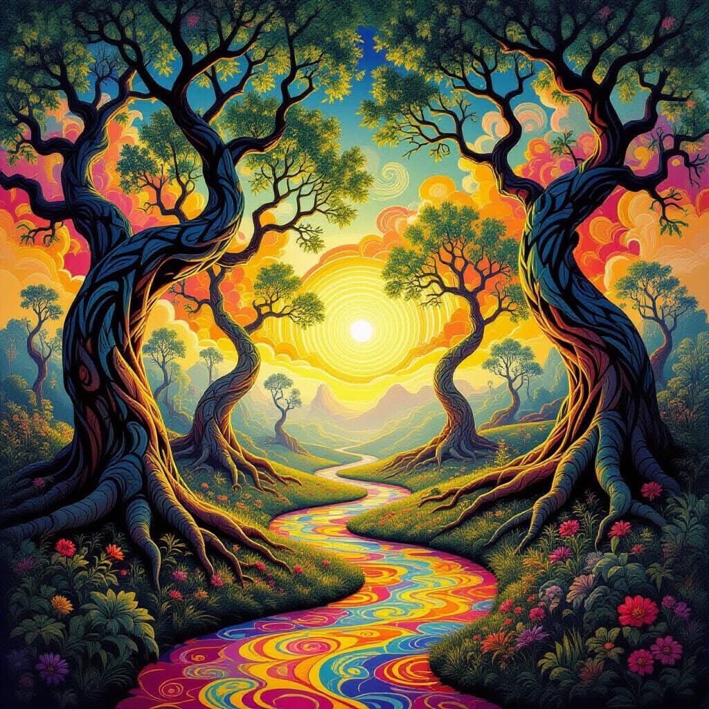 Surreal Psychedelic Landscape with Dancing Trees and Breathi...