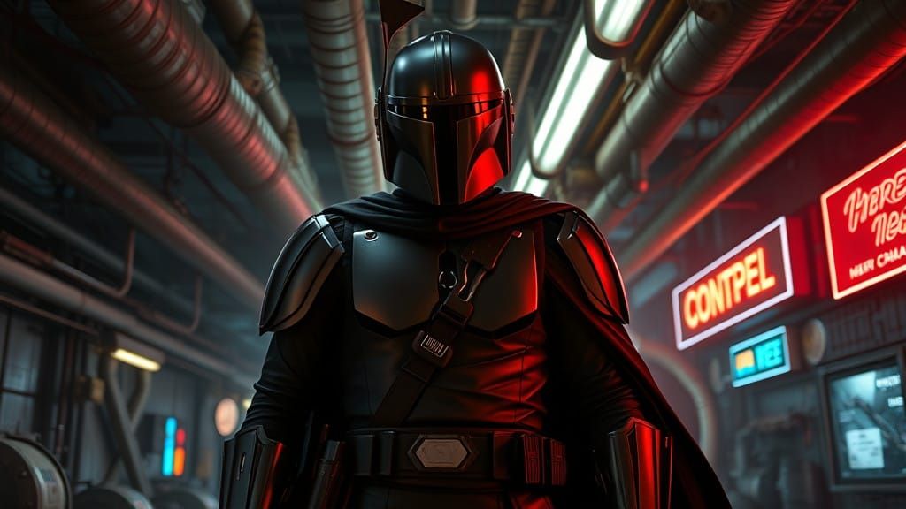 Mandalorian Hero Stands Tall in Gritty, Neon-Lit Cityscape