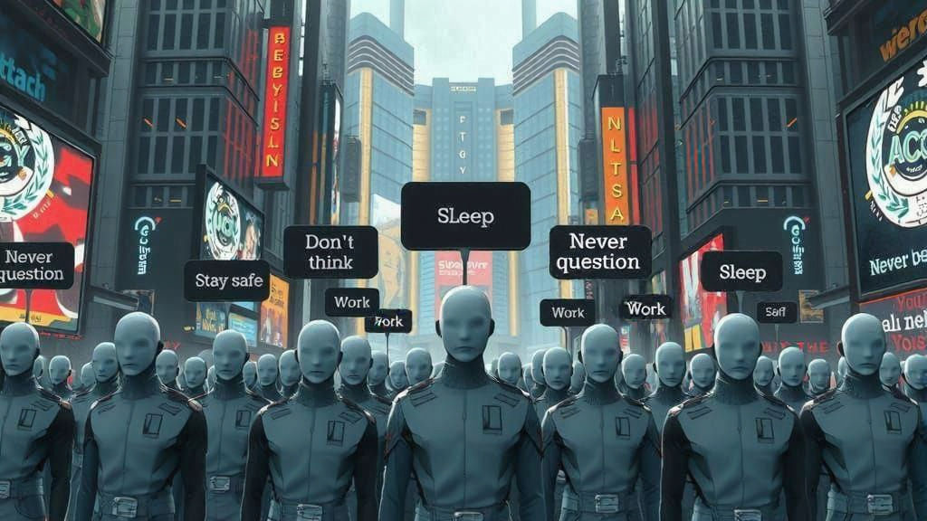 Dystopian Town Square with Futuristic Citizens in a State of...