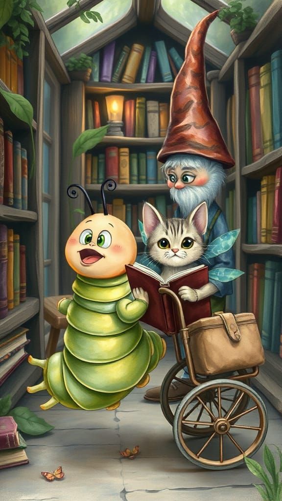 Enchanted Friends Meet Gnome Librarian, Watercolor Style